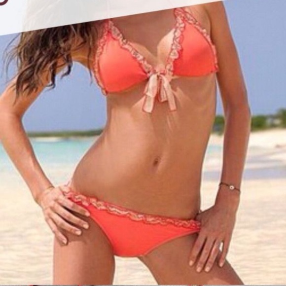 NWOT-Victoria’s Secret Coral Ruffle Trim String Bikini Set - Picture 2 of 12